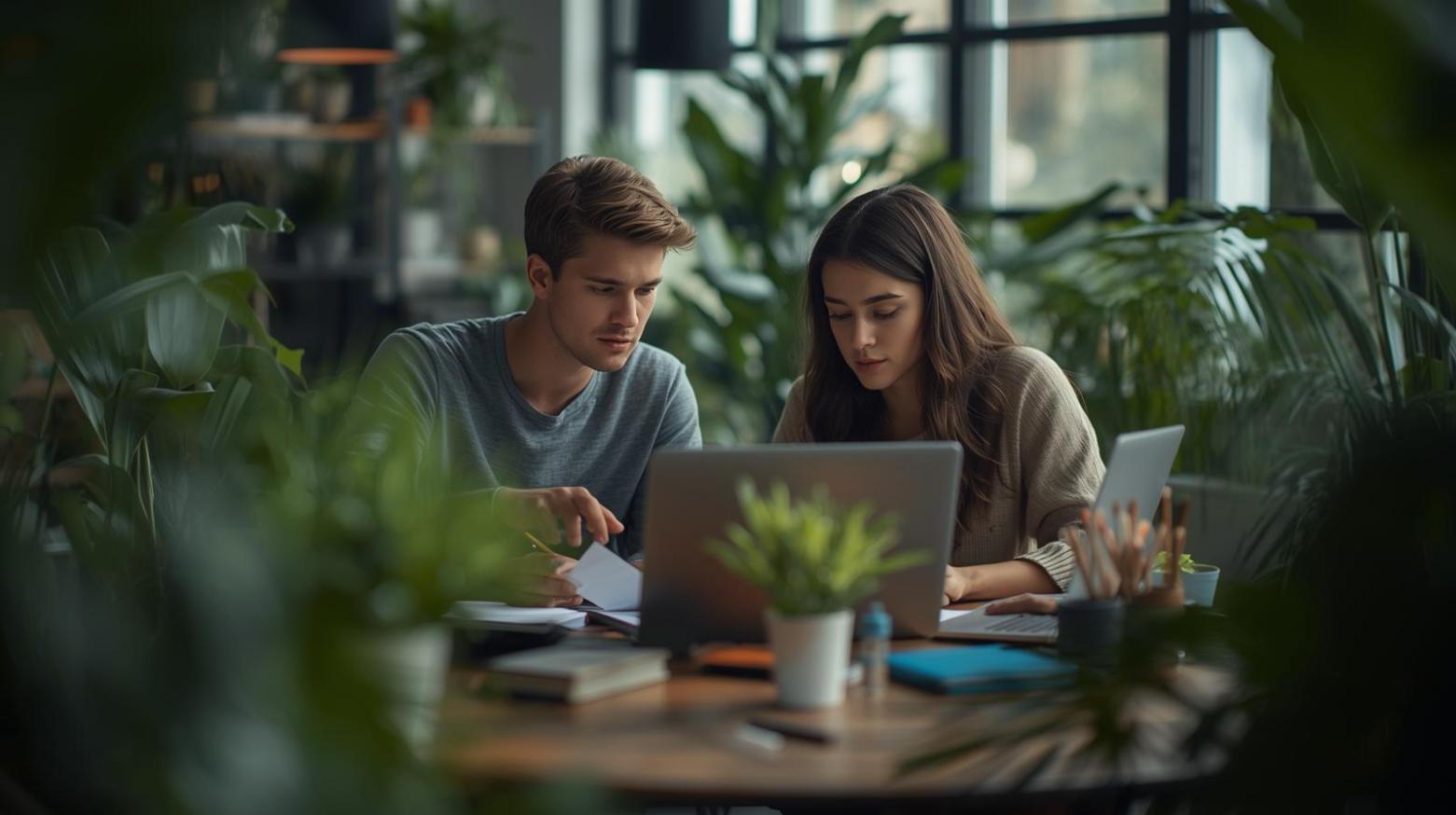Two eco entrepreneurs collaborate at laptops in plant-filled workspace with natural lighting.