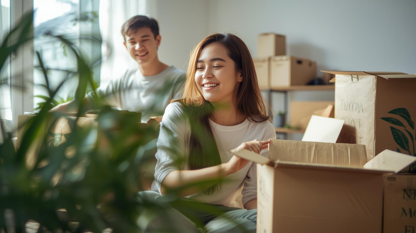 Happy mover packing reusable bins in bright eco-friendly home with soft natural lighting.