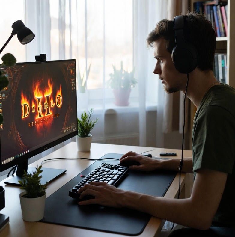 gamer playing Diablo II Resurrected in a room lit by natural light with plants